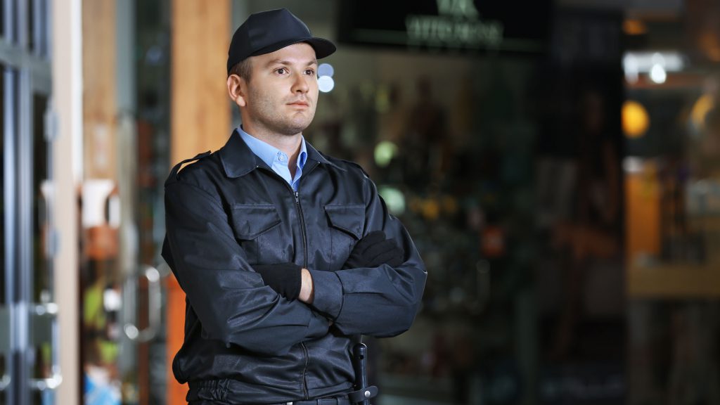 Private security guard watches over commercial property